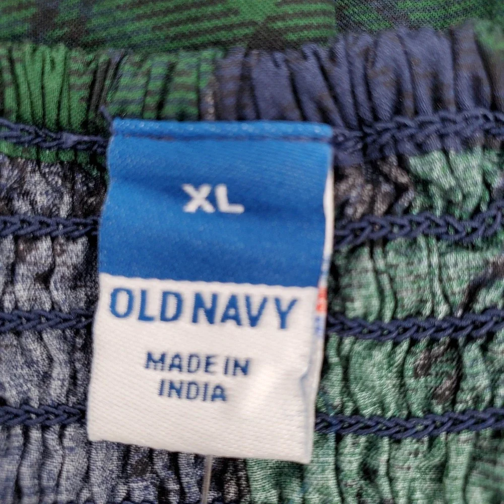Old Navy Womens XL Blue Green Plaid Puff Sleeve Peplum Smocked Top 100% Cotton